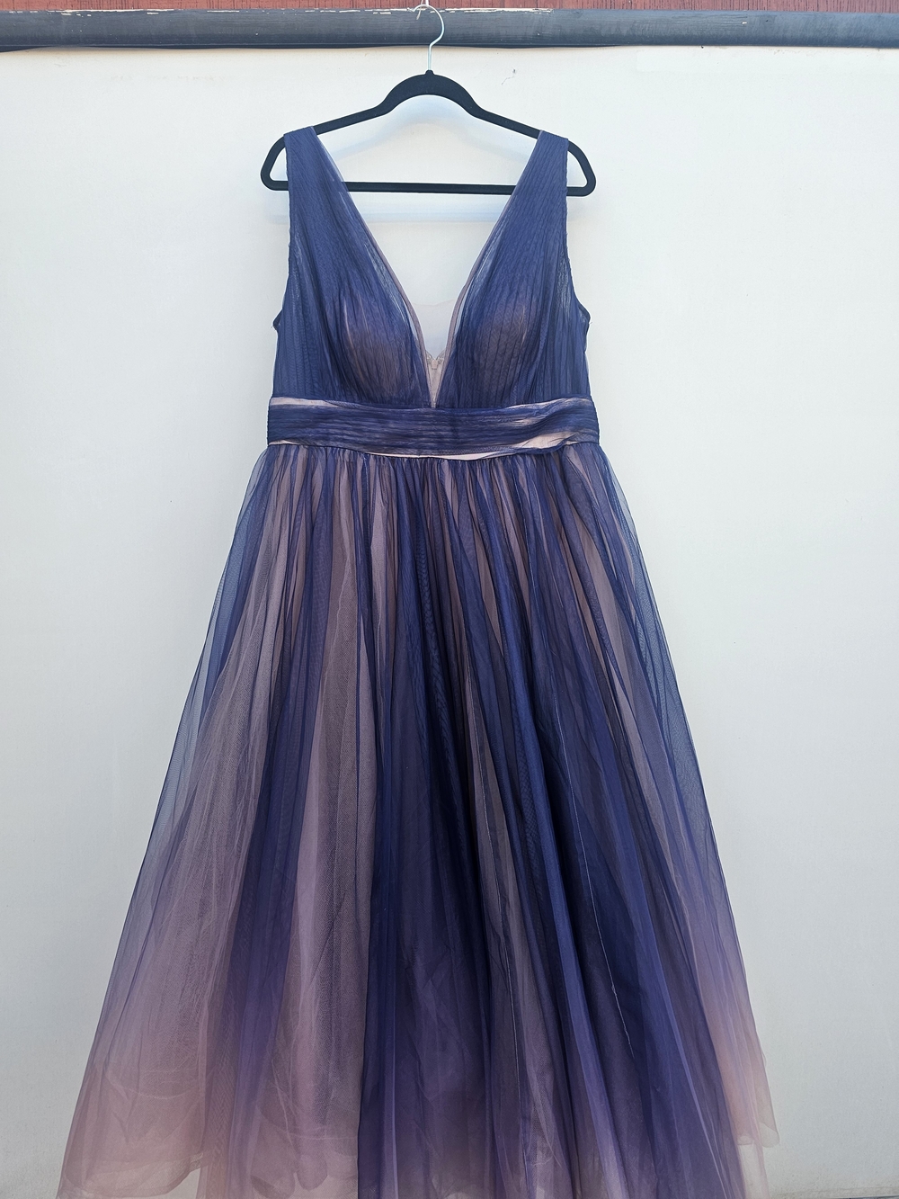 Mac Duggal Blush and Dusty Blue Ombre Tulle Gown